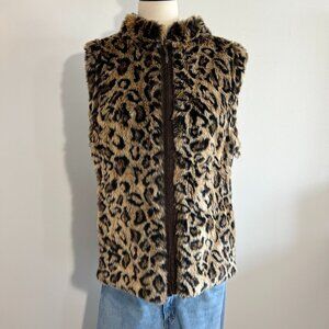 Reversible Vest, Faux Leopard / Brown Nylon, Zippers, pockets, Ladies Large